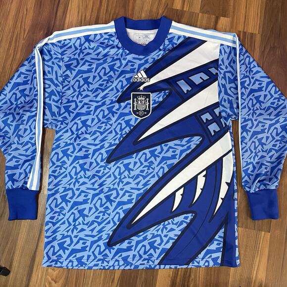 Men’s M Loose Fit Adidas Spain Icon Long Sleeve Goalkeeper Jersey Bahia Blue - Picture 2 of 9